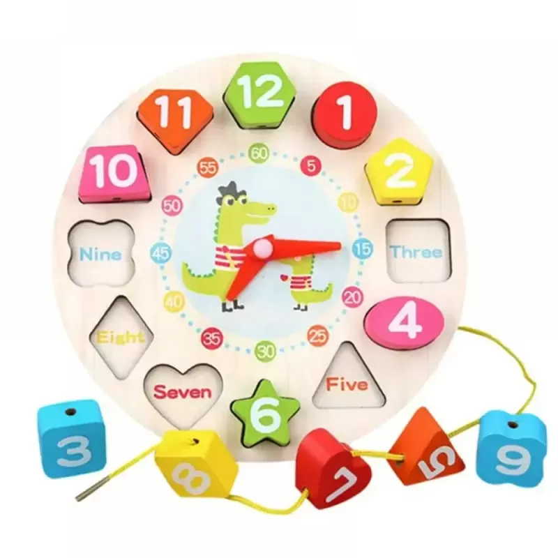 Jucarie 3 in 1 Ceas, Puzzle si Joc de snuruit din lemn