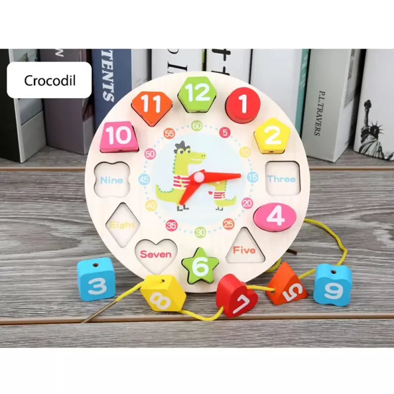 Jucarie 3 in 1 Ceas, Puzzle si Joc de snuruit din lemn