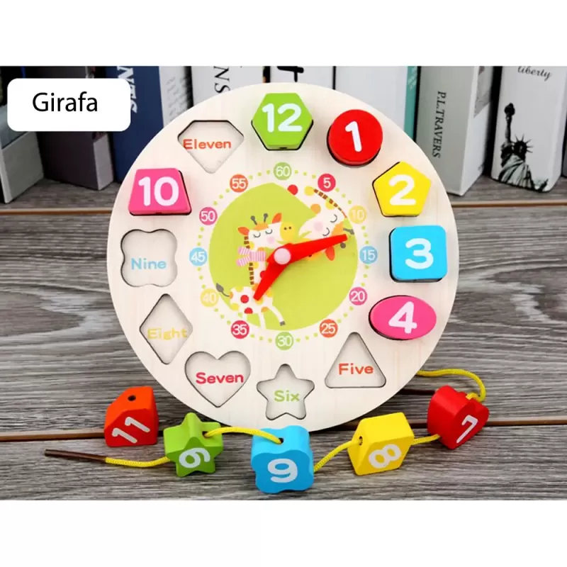 Jucarie 3 in 1 Ceas, Puzzle si Joc de snuruit din lemn