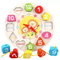 Jucarie 3 in 1 Ceas, Puzzle si Joc de snuruit din lemn