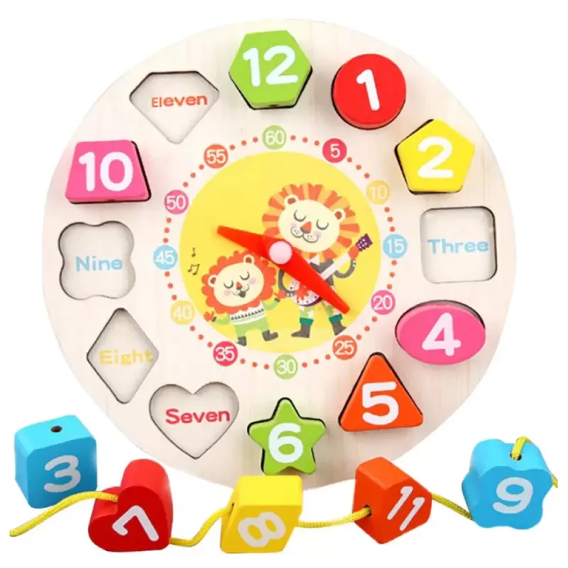 Jucarie 3 in 1 Ceas, Puzzle si Joc de snuruit din lemn