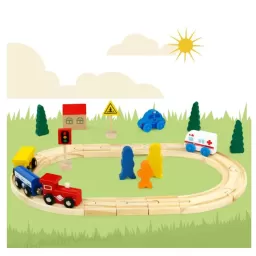 Trenulet cu sina din lemn pentru copii - 33 de piese