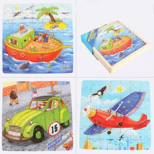 Puzzle 3 in 1 din lemn in cutie cu tematica – Vehicule