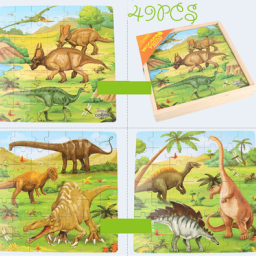 Puzzle 3 in 1 din lemn in cutie cu tematica – Dinozauri