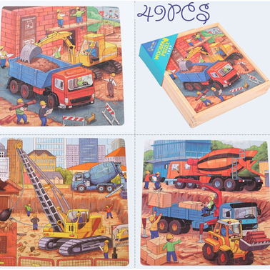 Puzzle 3 in 1 din lemn in cutie cu tematica – Vehicule constructii