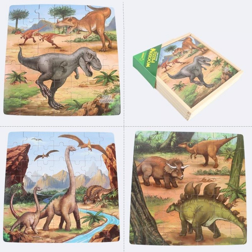 Puzzle 3 in 1 din lemn in cutie cu tematica – Dinozauri