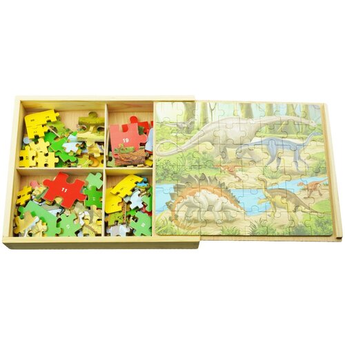 Puzzle 3 in 1 din lemn in cutie cu tematica – Dinozauri
