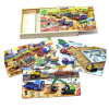 Puzzle 4 in 1 din lemn in cutie cu tematica – Vehicule santier