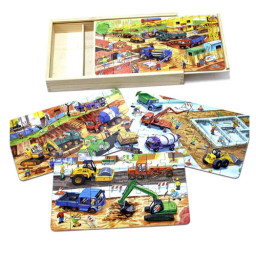 Puzzle 4 in 1 din lemn in cutie cu tematica – Vehicule santier