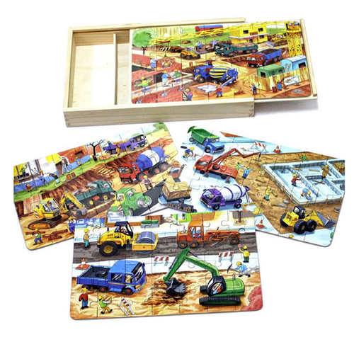 Puzzle 4 in 1 din lemn in cutie cu tematica – Vehicule santier