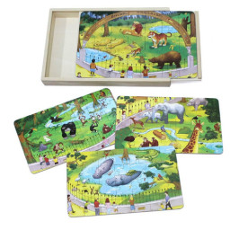 Puzzle 4 in 1 din lemn in cutie cu tematica – Animale de la Zoo
