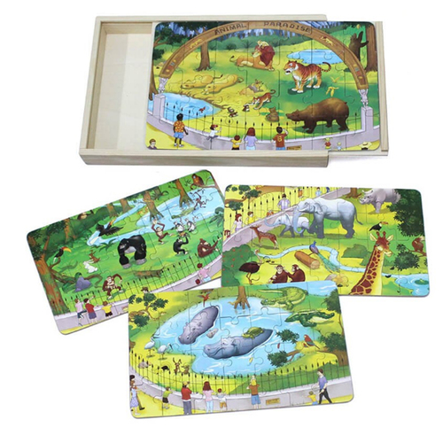 Puzzle 4 in 1 din lemn in cutie cu tematica – Animale de la Zoo