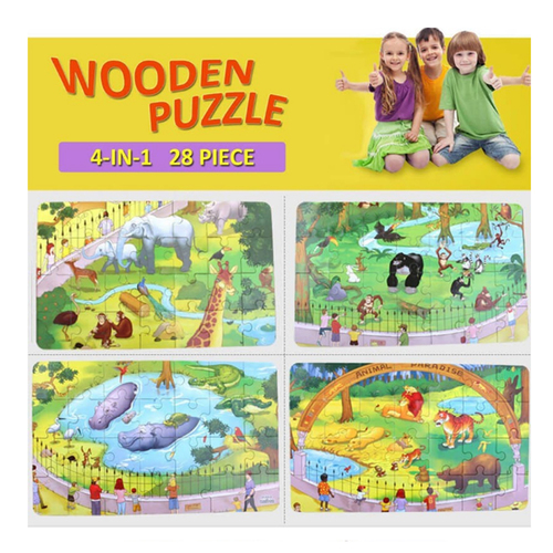 Puzzle 4 in 1 din lemn in cutie cu tematica – Animale de la Zoo