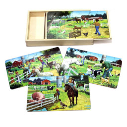 Puzzle 4 in 1 din lemn in cutie cu tematica – Animale de la ferma