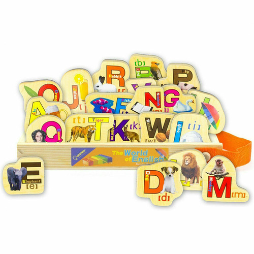 Set 28 de piese din lemn ilustrate cu animale si litere