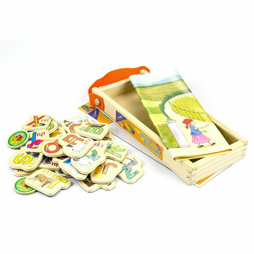 Set 28 de piese din lemn ilustrate cu animale si litere