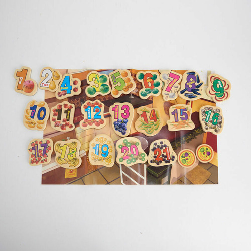 Set 23 de piese din lemn ilustrate cu numere, fructe si legume