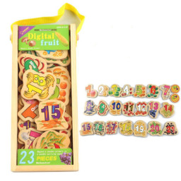 Set 23 de piese din lemn ilustrate cu numere, fructe si legume