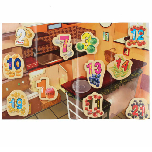 Set 23 de piese din lemn ilustrate cu numere, fructe si legume
