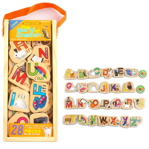 Set 28 de piese din lemn ilustrate cu animale si litere