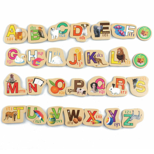 Set 28 de piese din lemn ilustrate cu animale si litere