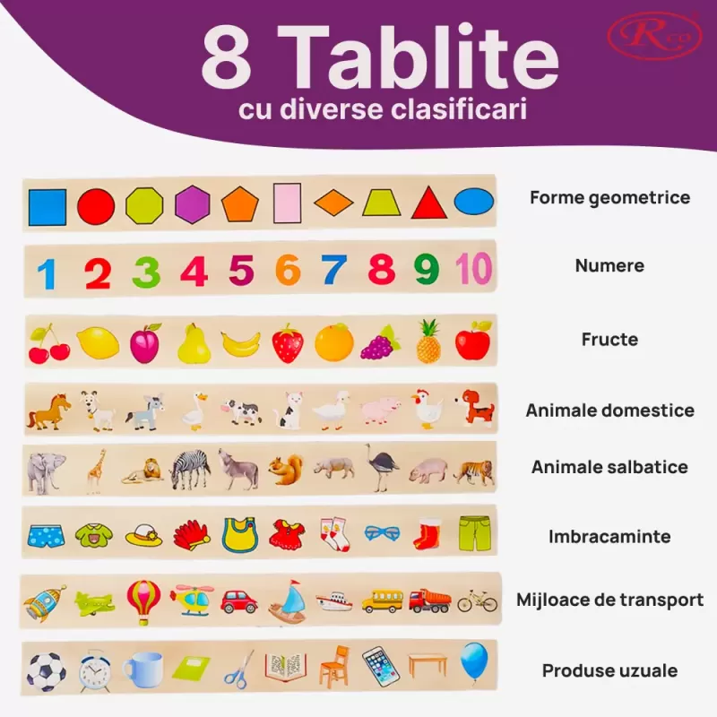 Joc Montessori RCO in limba romana/engleza, de clasificare, sortare si asociere, 88 piese, din lemn