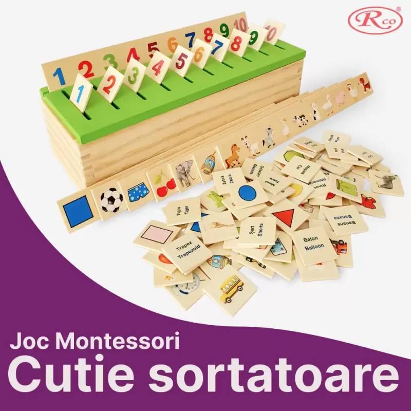 Joc Montessori RCO in limba romana/engleza, de clasificare, sortare si asociere, 88 piese, din lemn