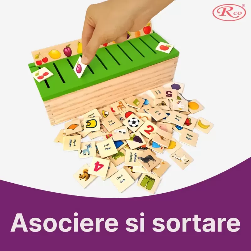 Joc Montessori RCO in limba romana/engleza, de clasificare, sortare si asociere, 88 piese, din lemn