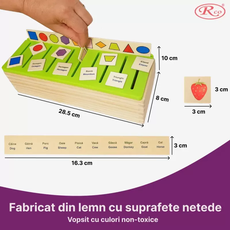 Joc Montessori RCO in limba romana/engleza, de clasificare, sortare si asociere, 88 piese, din lemn