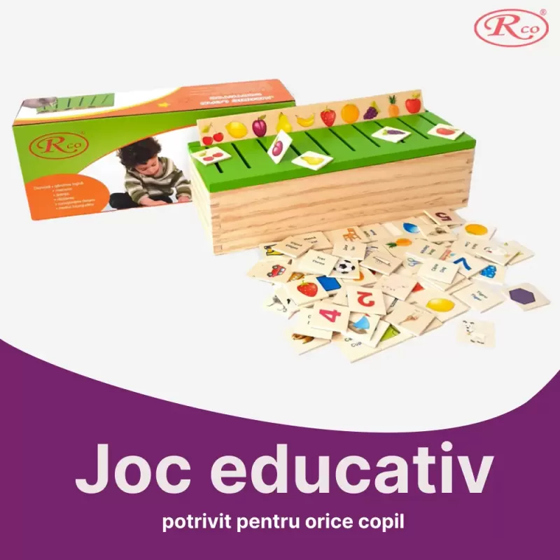 Joc Montessori RCO in limba romana/engleza, de clasificare, sortare si asociere, 88 piese, din lemn