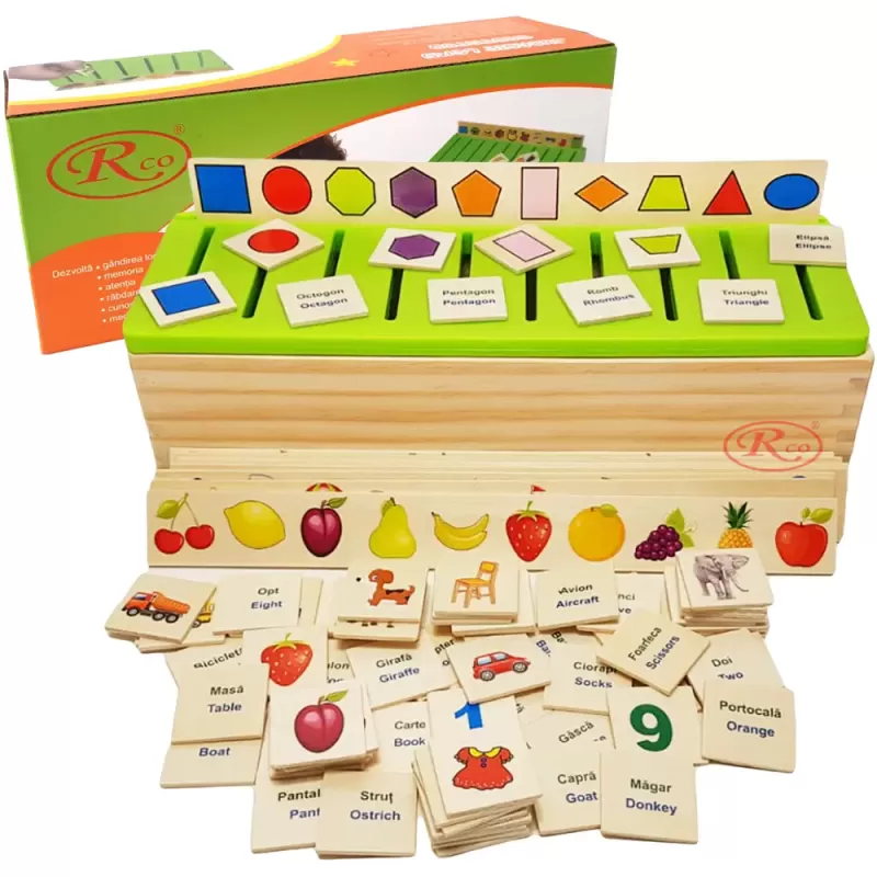 Joc Montessori RCO in limba romana/engleza, de clasificare, sortare si asociere, 88 piese, din lemn