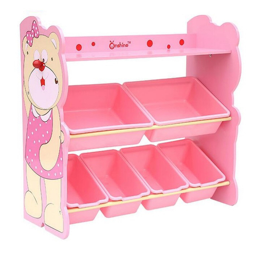 Organizator jucarii din lemn cu raft pentru carti si cutii de depozitare Onshine, Ursulet Roz