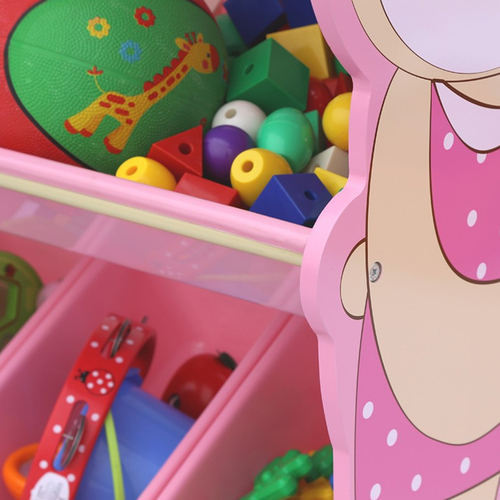 Organizator jucarii din lemn cu raft pentru carti si cutii de depozitare Onshine, Ursulet Roz