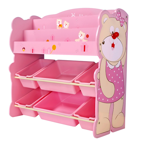 Organizator jucarii din lemn cu raft pentru carti si cutii de depozitare Onshine, Ursulet Roz
