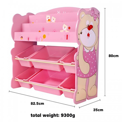 Organizator jucarii din lemn cu raft pentru carti si cutii de depozitare Onshine, Ursulet Roz