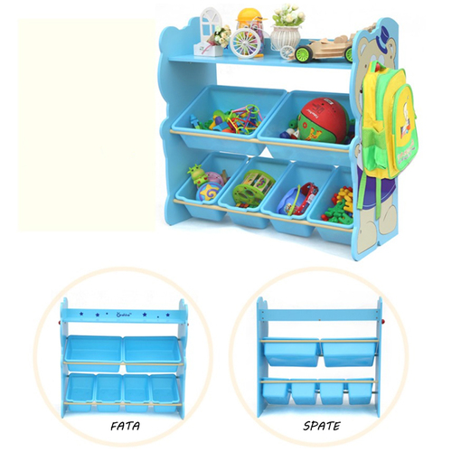 Organizator jucarii din lemn cu raft pentru carti si cutii de depozitare Onshine, Ursulet Albastru