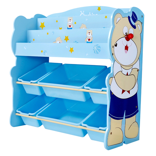 Organizator jucarii din lemn cu raft pentru carti si cutii de depozitare Onshine, Ursulet Albastru