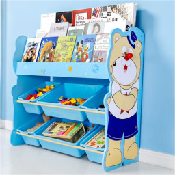 Organizator jucarii din lemn cu raft pentru carti si cutii de depozitare Onshine, Ursulet Albastru