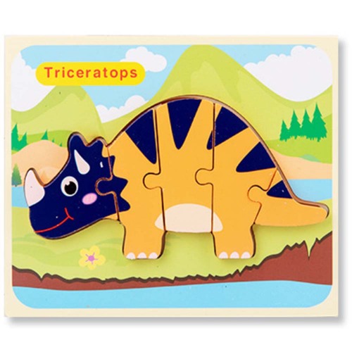 Puzzle din lemn 3D dinozaur Triceratops cu 5 piese, 18x 15 cm