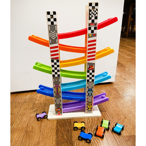 Set circuit de curse din lemn, traseu cu 7 piste si 8 masini