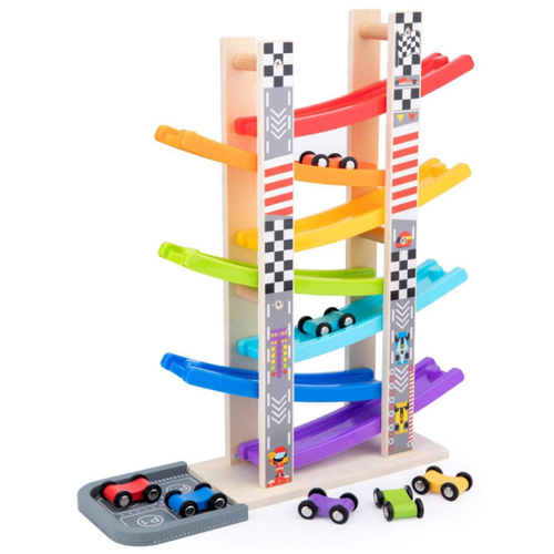 Set circuit de curse din lemn, traseu cu 7 piste si 8 masini