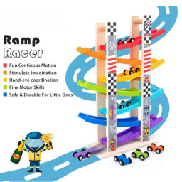 Set circuit de curse din lemn, traseu cu 7 piste si 8 masini