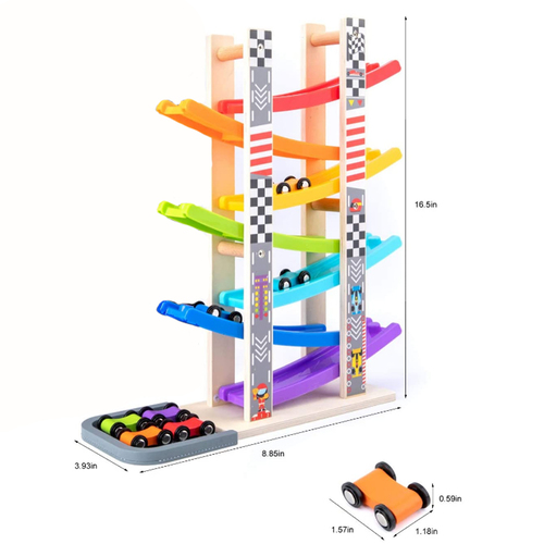 Set circuit de curse din lemn, traseu cu 7 piste si 8 masini