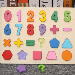 Puzzle din lemn, 3D cu cifre, simboluri matematice si forme geometrice, 30 X 22.5cm