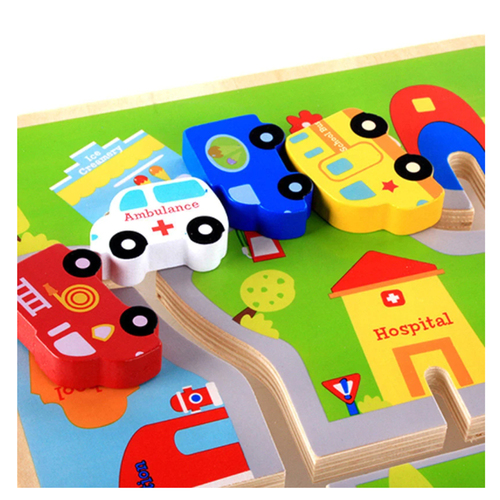 Joc din lemn Labirint cu piese 3D - Cursa masinilor