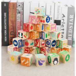 Cuburi de lemn cu litere, cifre, animale, fructe sI legume, 26 piese