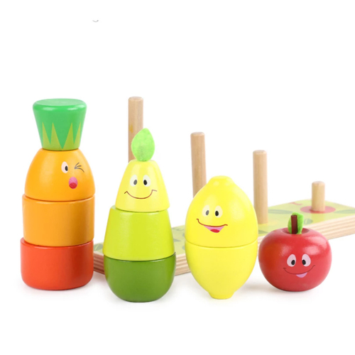 Joc stivuire din lemn 3 in 1 Turnul Fructelor Vesele