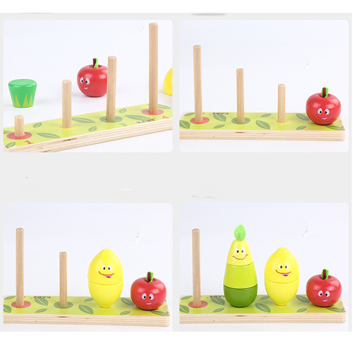 Joc stivuire din lemn 3 in 1 Turnul Fructelor Vesele