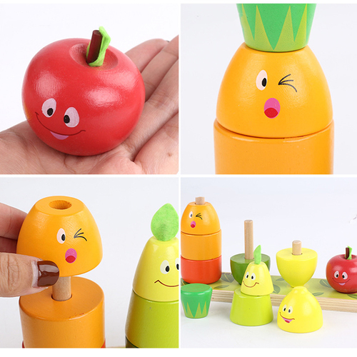 Joc stivuire din lemn 3 in 1 Turnul Fructelor Vesele