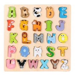 Puzzle incastru educativ din lemn cu 26 litere mari si ilustratii cu animale